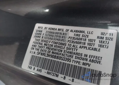 2011 Honda Odyssey Touring/Touring Elite z USA, uszkodzony, nr VIN 5FNRL5H90BB053395